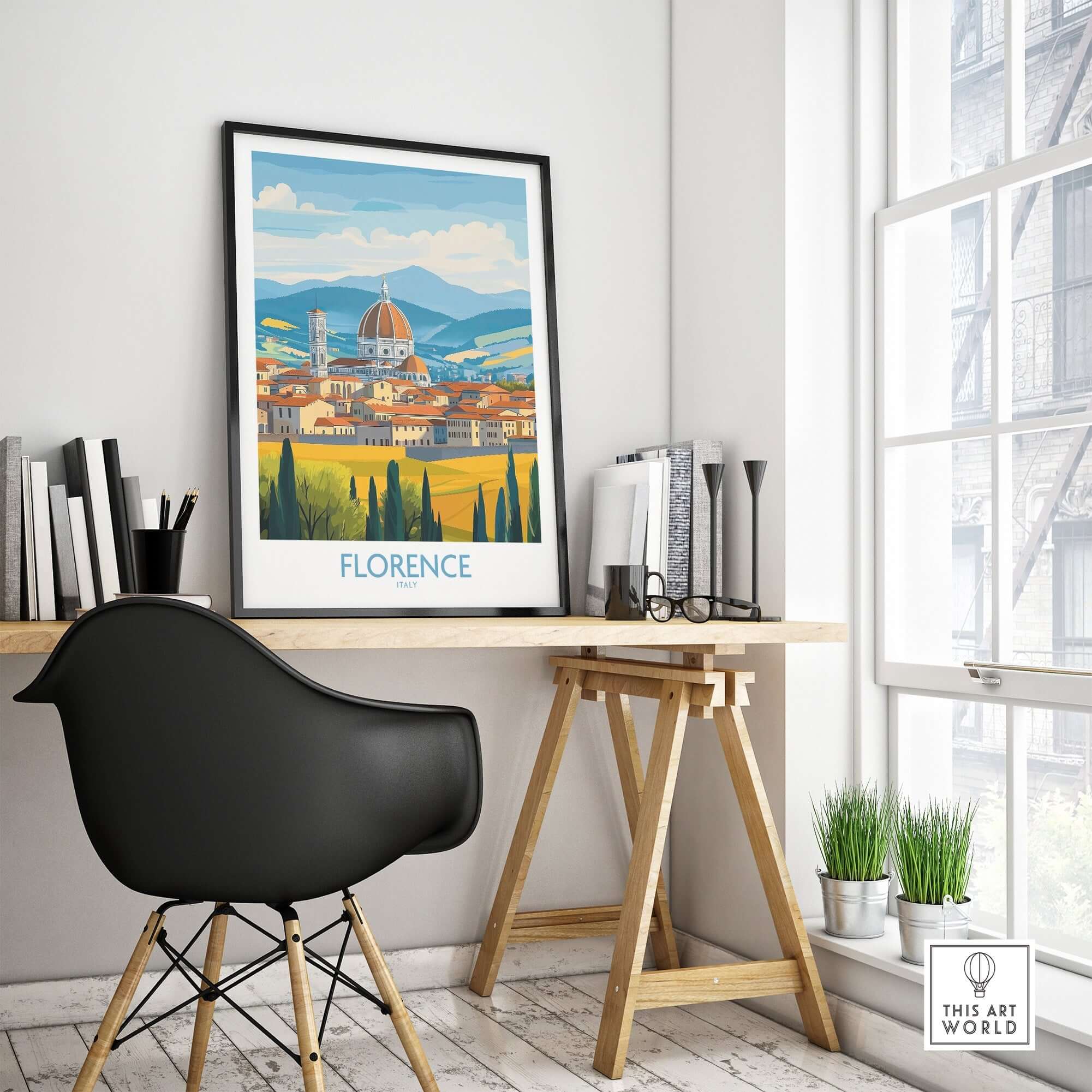 Florence Print Italy displayed in a modern workspace, enhancing home decor with Italian charm.