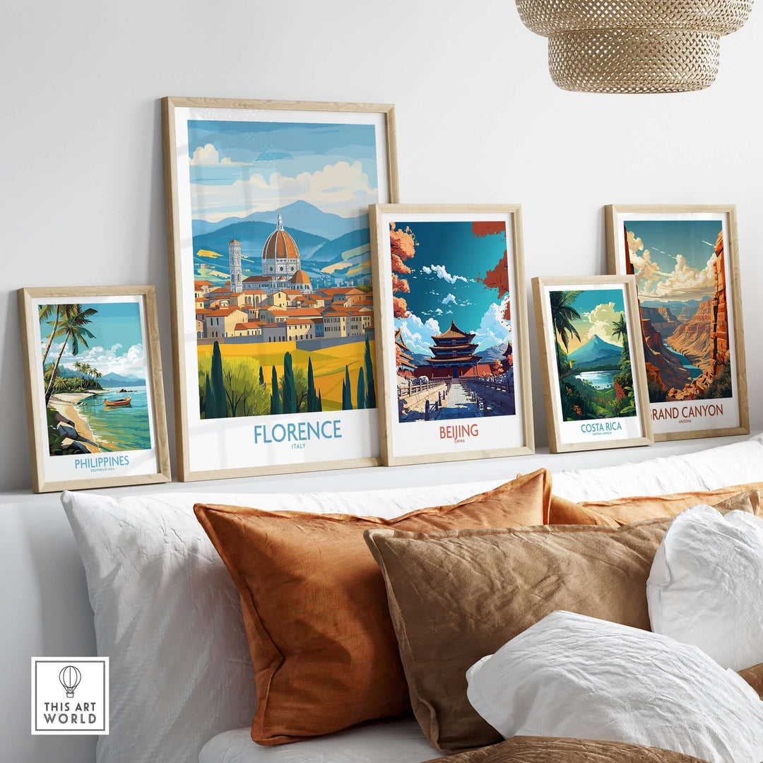 Colorful framed travel prints showcasing Florence, Beijing, Costa Rica, Philippines, and the Grand Canyon on a stylish sofa.