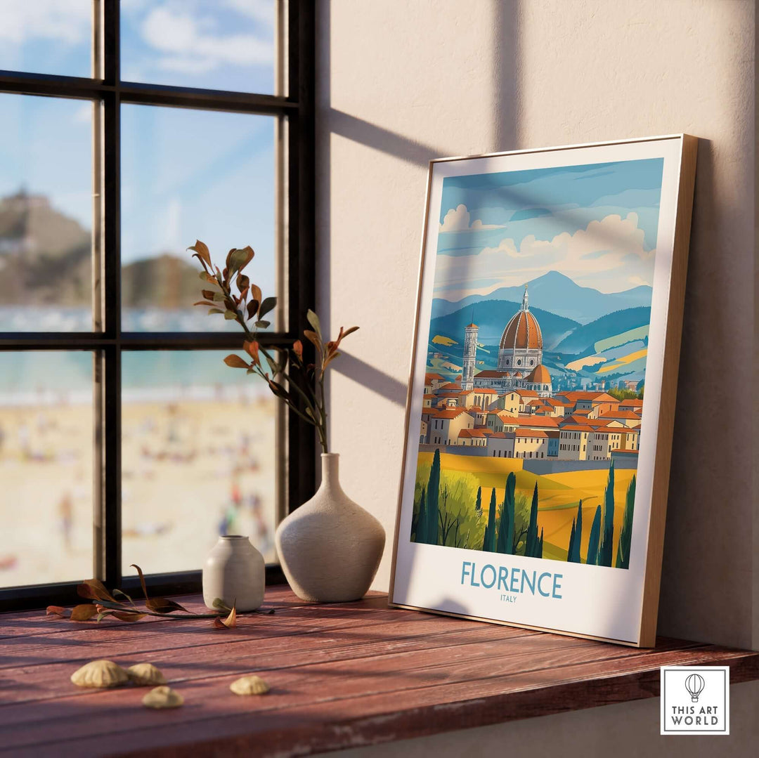 Minimalist Florence print showcasing the Duomo and rolling hills, adding elegance to any room decor.