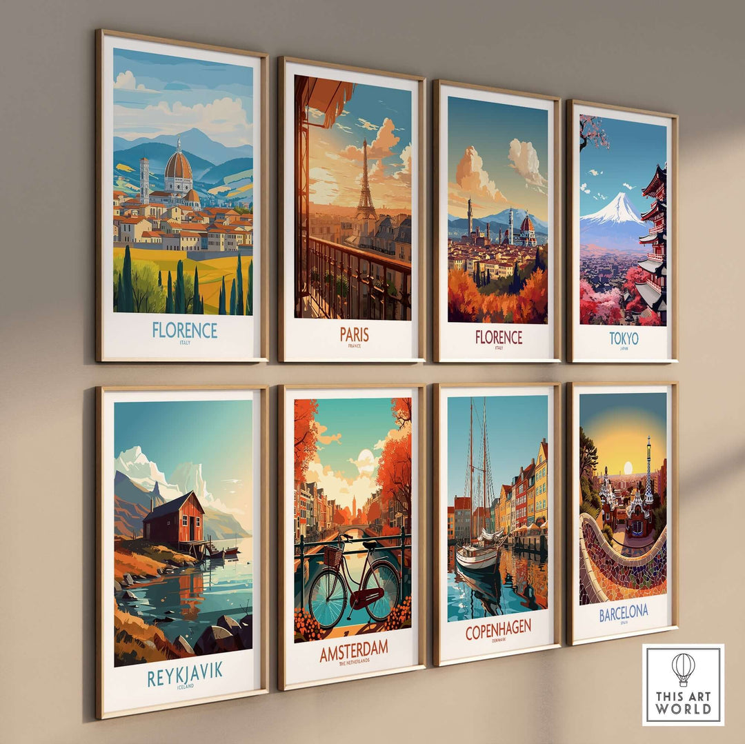 Colorful travel posters featuring Florence, Paris, Tokyo, Reykjavik, Amsterdam, Copenhagen, and Barcelona on a gallery wall.