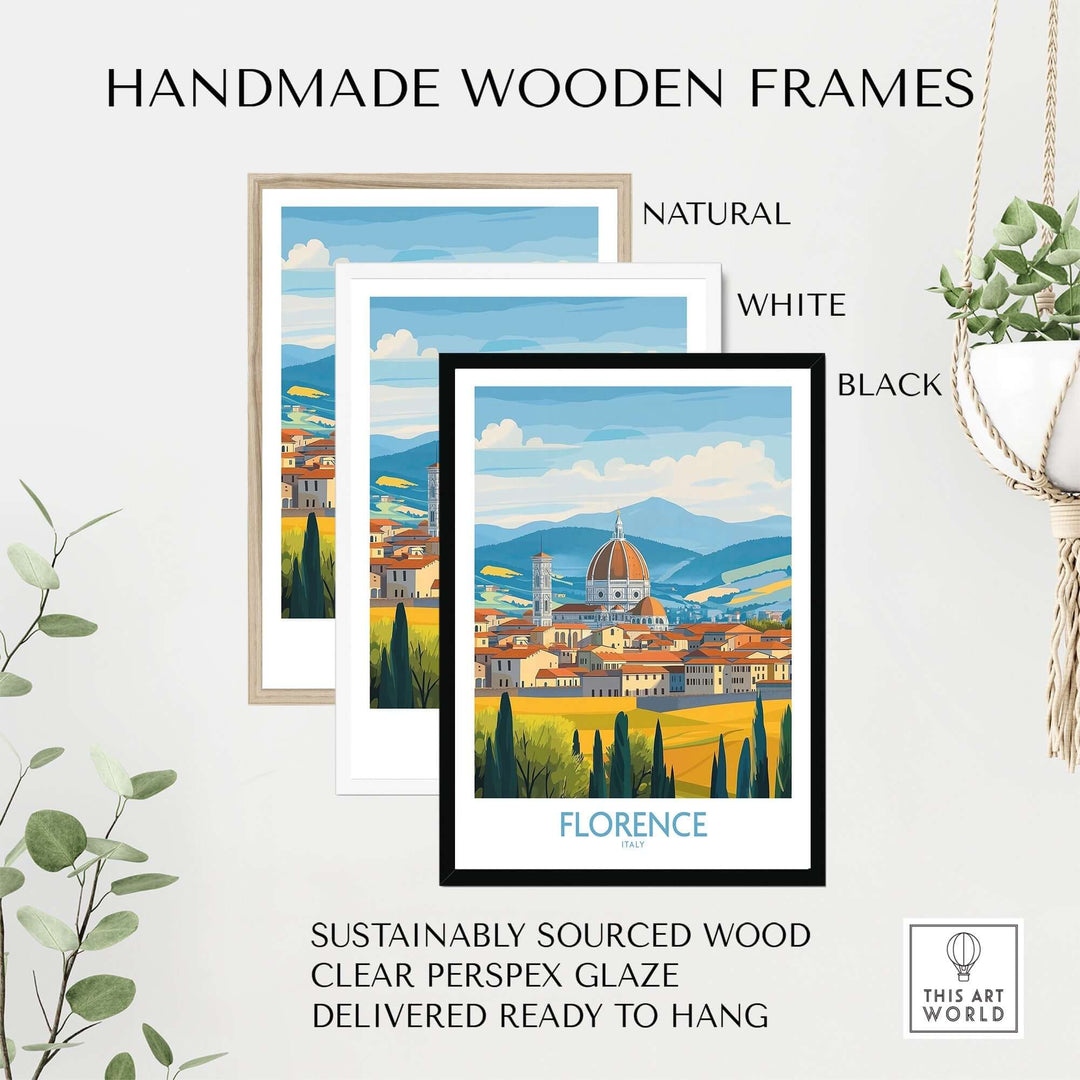 Handmade wooden frames in natural, white, and black styles featuring a Florence print, sustainably sourced and ready to hang.