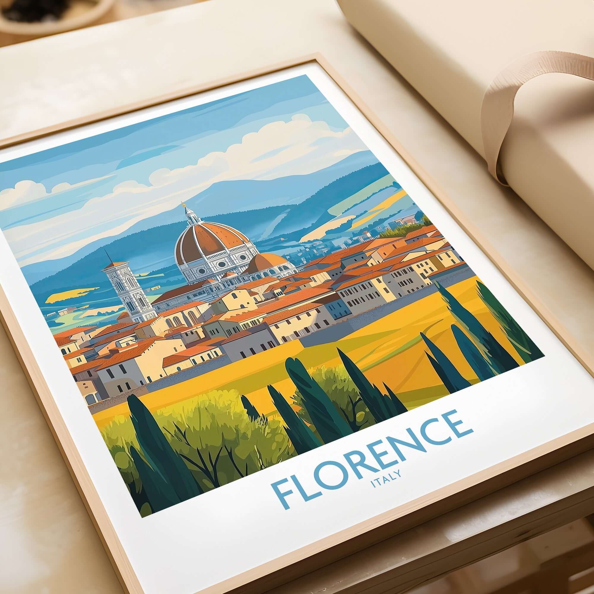 Florence Print Italy showcasing a vibrant depiction of Florence's skyline with the iconic dome.