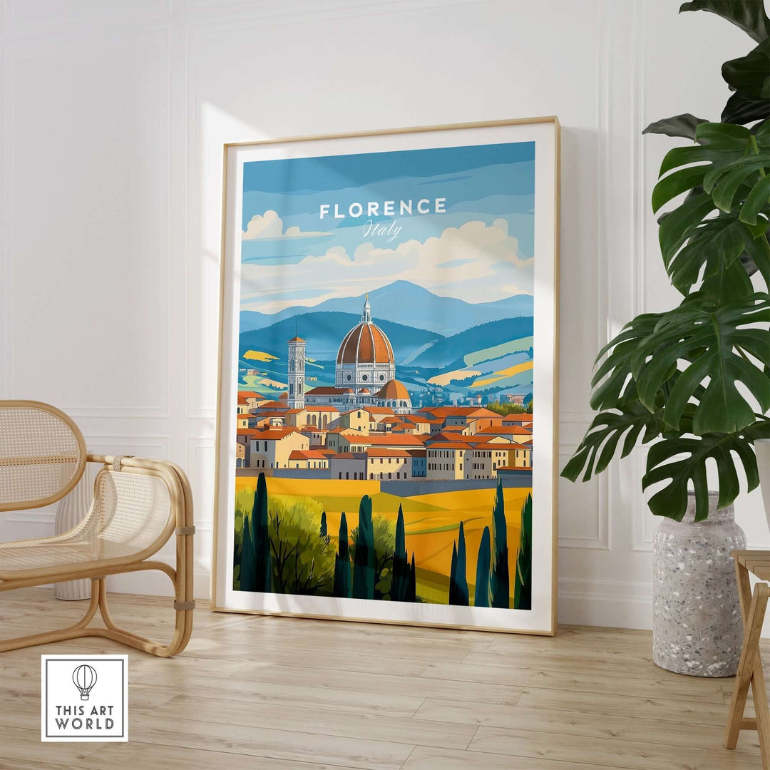 Florence travel print featuring iconic landmarks in vibrant colors, displayed in a stylish interior setting.