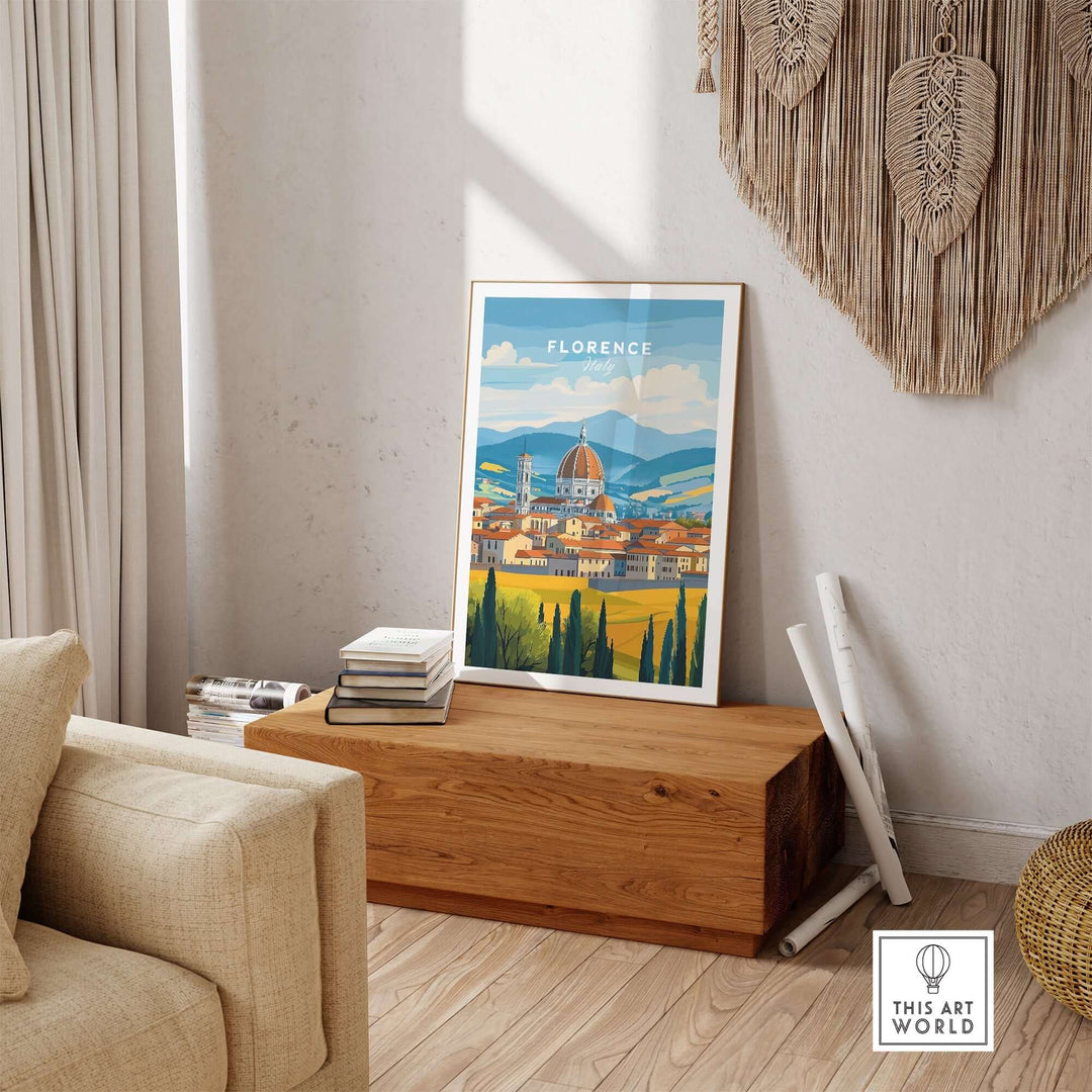 Florence travel print showcasing iconic landmarks in vibrant colors, displayed in a stylish home setting.