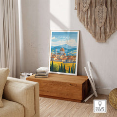 Florence Travel Print showcasing iconic landmarks and vibrant colors in a beautifully styled room.