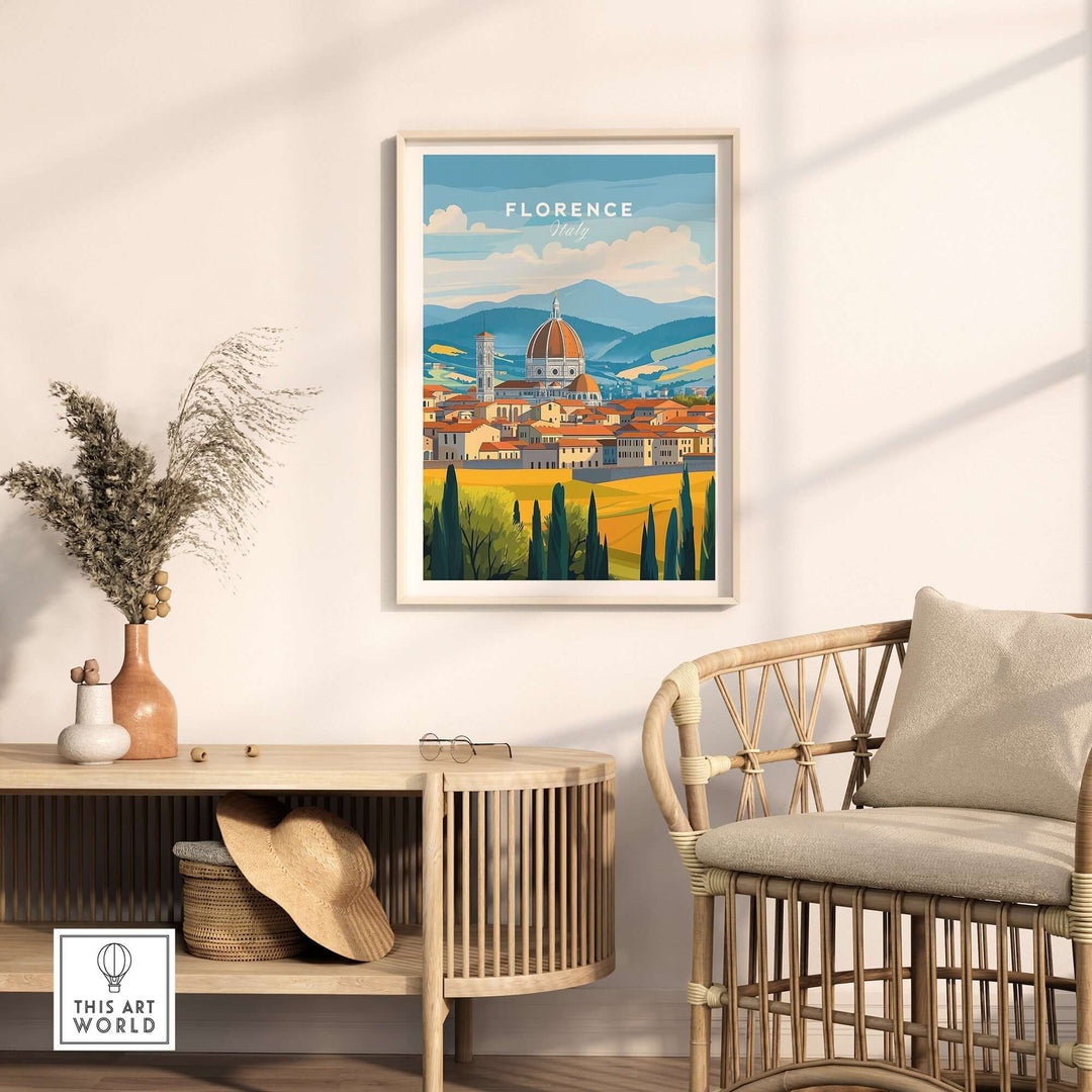 Florence travel print showcasing iconic landmarks and vibrant colors in a stylish home setting.