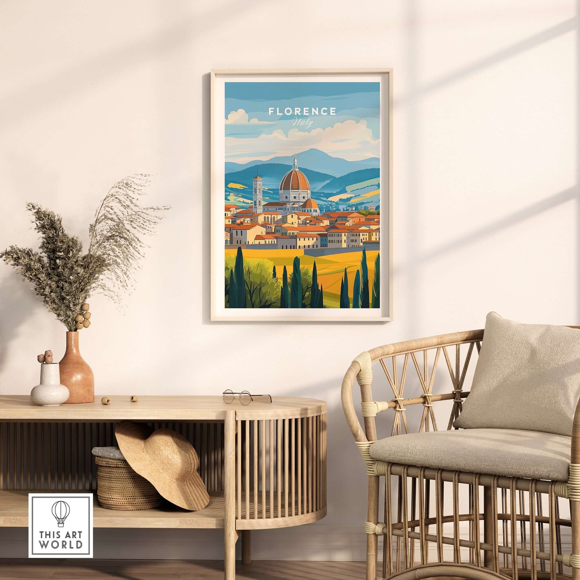 Florence Travel Print featuring iconic landmarks and vibrant colors in a cozy home setting.