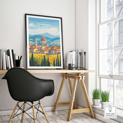 Florence Travel Print showcasing Italian landmarks in vibrant colors in a chic home office setting.