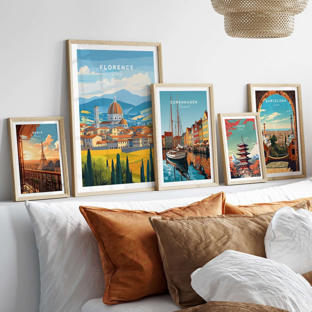 Stylish home decor featuring Florence travel print among other city prints in a cozy bedroom setting.