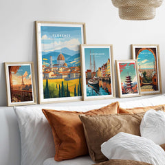 Florence Travel Print showcased on a stylish wall above decorative pillows, highlighting iconic landmarks of Florence.
