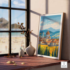 Florence Travel Print displayed in a stylish interior, showcasing iconic Florence landmarks and vibrant colors.