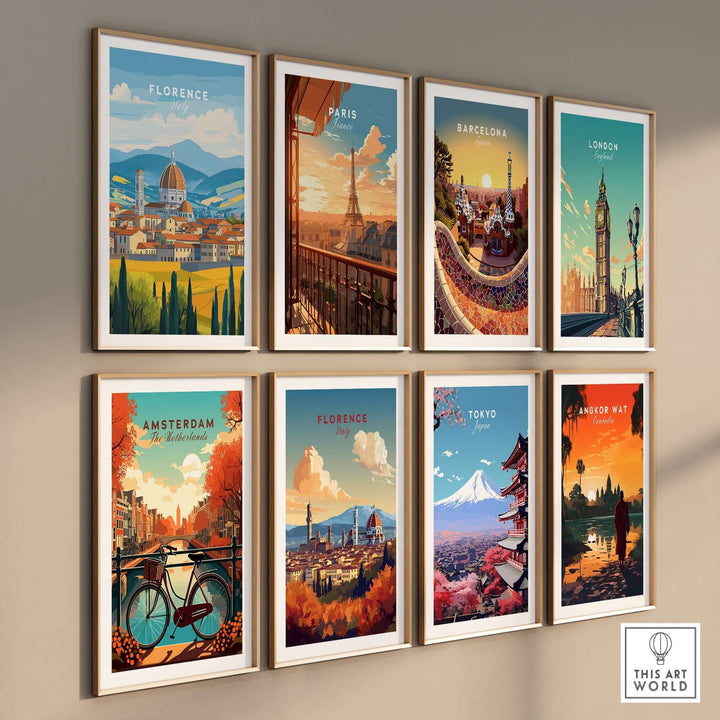 Framed travel prints of iconic cities like Florence, Paris, and Tokyo displayed on a wall in vibrant colors.