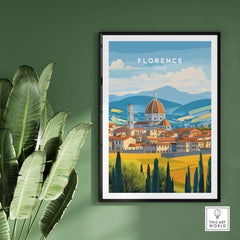Florence Travel Print featuring iconic landmarks and vibrant colors of Florence, Italy on a green wall.