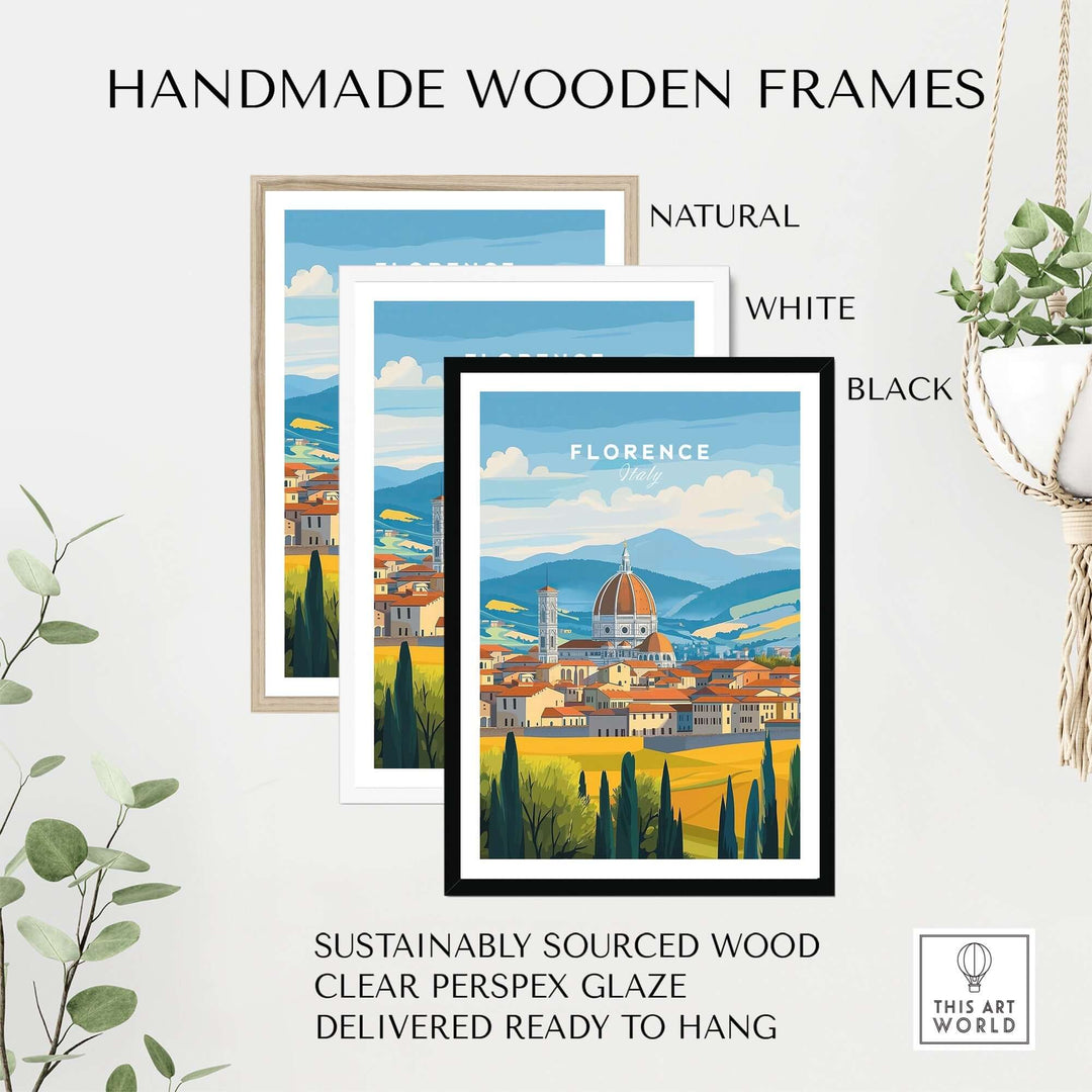 Handmade wooden frames in natural, white, and black, showcasing a Florence travel print, sustainably sourced and ready to hang.