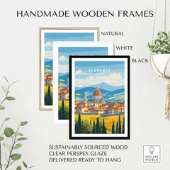 Florence Travel Print displayed in handmade wooden frames in natural, white, and black options.