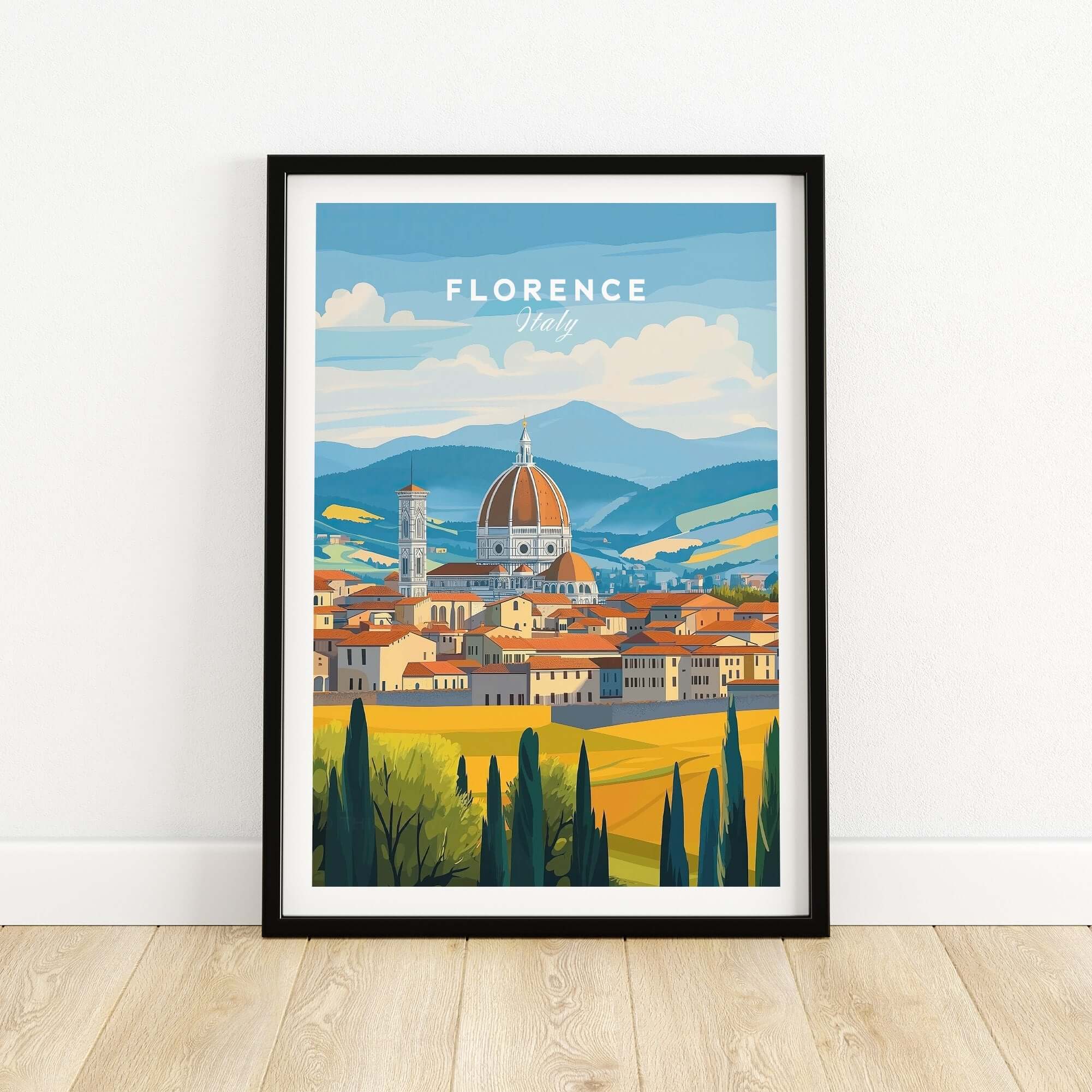 Florence Travel Print showcasing iconic landmarks and vibrant colors of Florence, Italy.