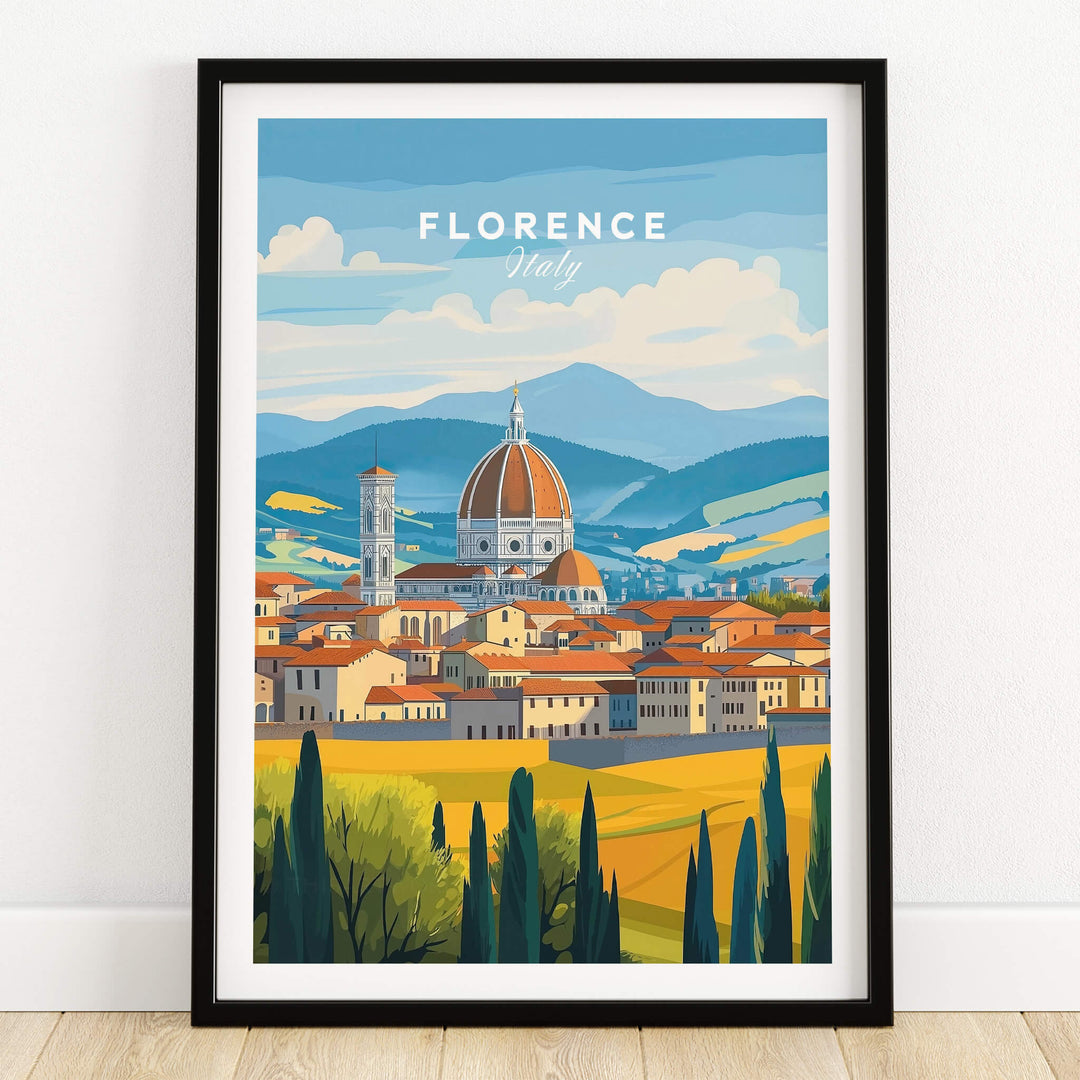 Florence Travel Print showcasing the stunning skyline of Florence, Italy with vibrant colors and iconic landmarks.