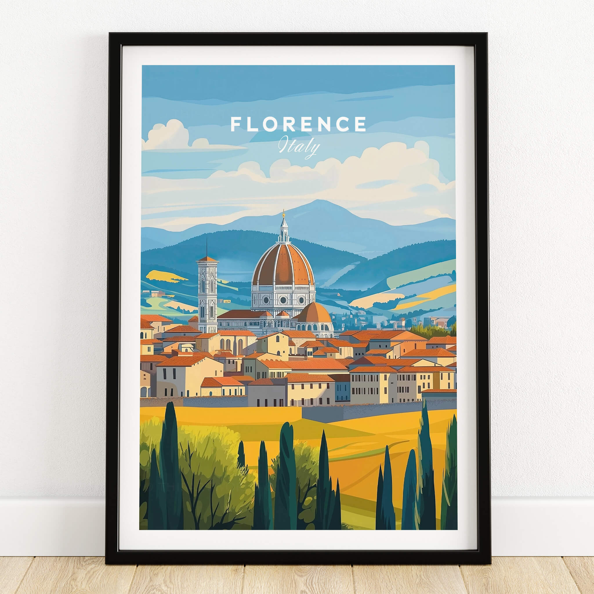 Florence Travel Print showcasing the stunning skyline of Florence, Italy with vibrant colors and iconic landmarks.