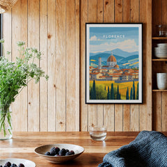 Florence Travel Print showcasing iconic landmarks and vibrant colors in a cozy home setting.