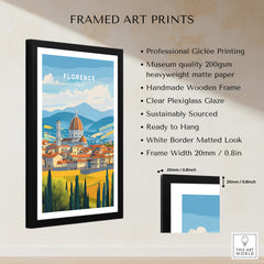 Framed Florence Travel Print showcasing iconic Florence landmarks in vibrant colors with a wooden frame.