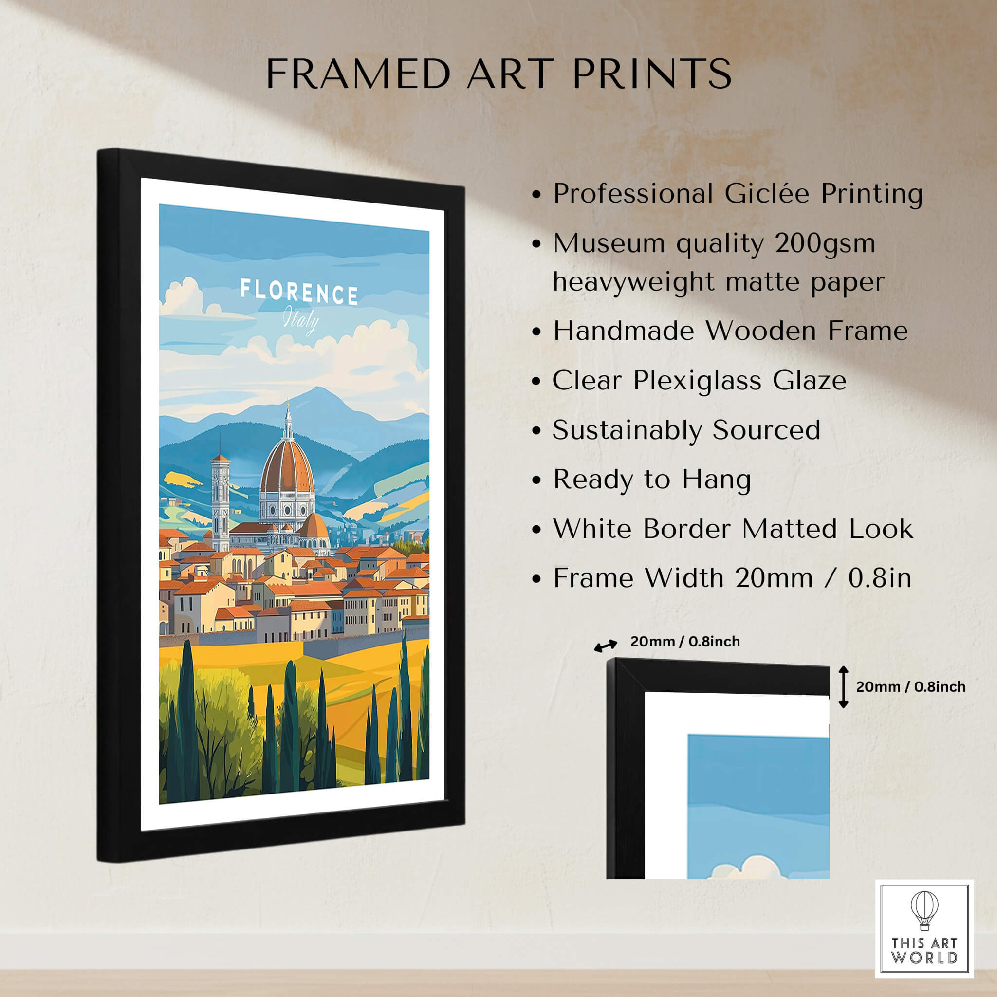 Framed Florence Travel Print showcasing iconic Florence landmarks in vibrant colors with a wooden frame.