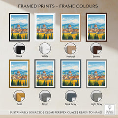 Various frame colors for Florence Travel Print, showcasing options like black, white, natural, and brown.
