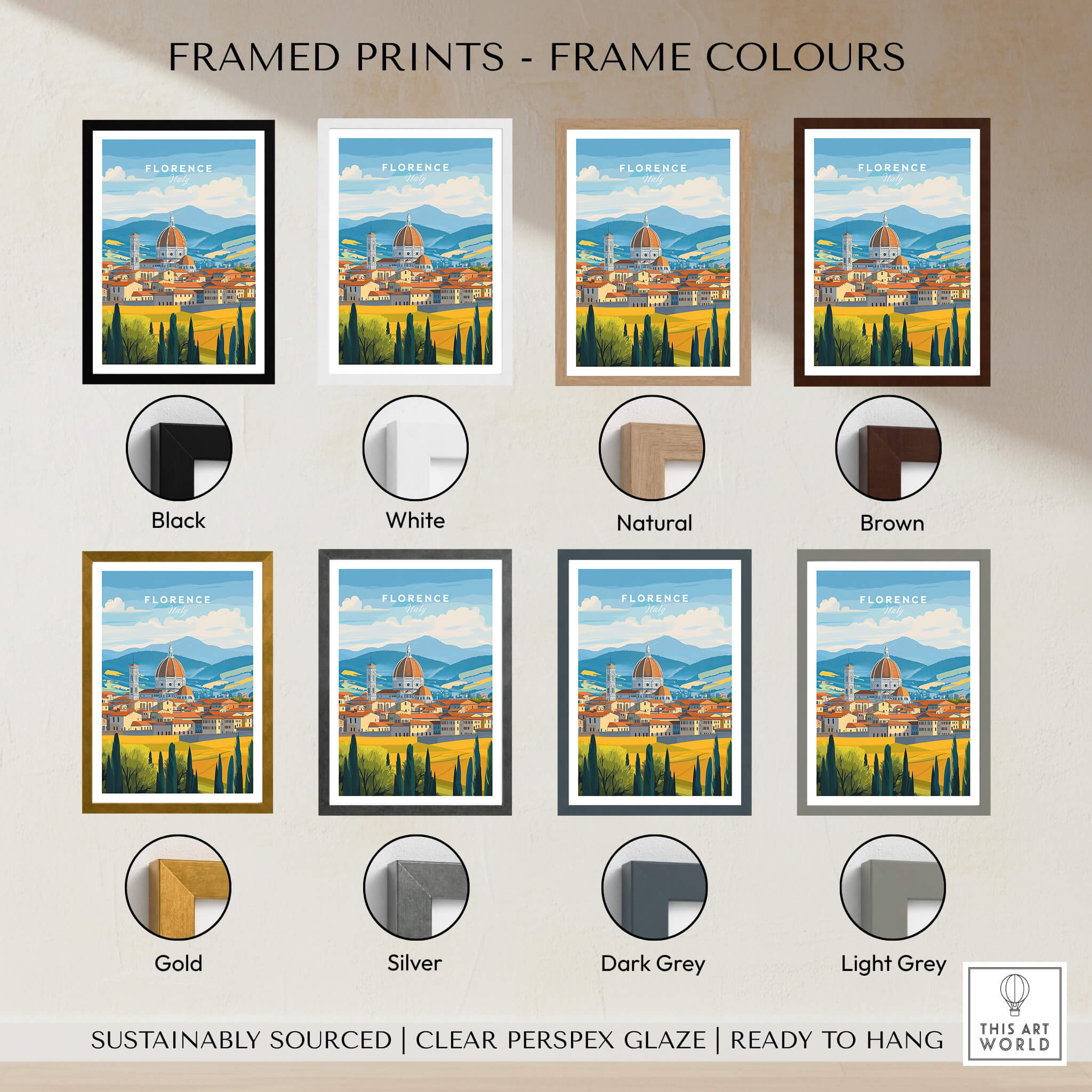 Various frame colors for Florence Travel Print, showcasing options like black, white, natural, and brown.