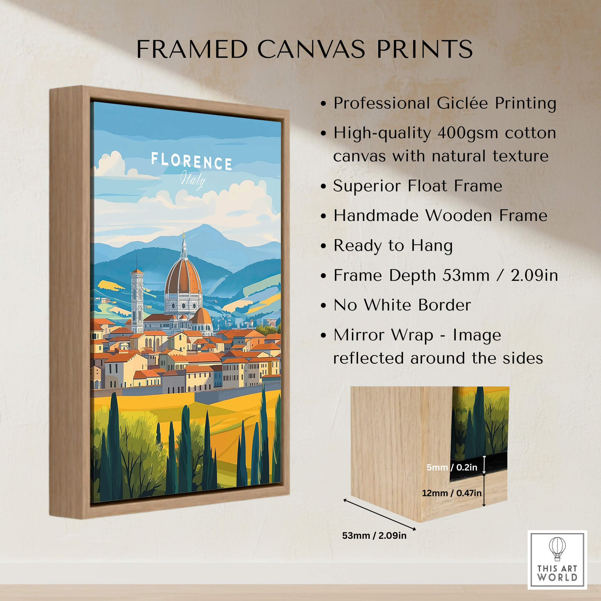 Framed canvas print featuring Florence Travel Print with iconic landmarks and vibrant colors, designed for home or office decor.