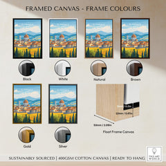 Framed canvas options for Florence Travel Print in various colors including black, white, natural, brown, gold, and silver.