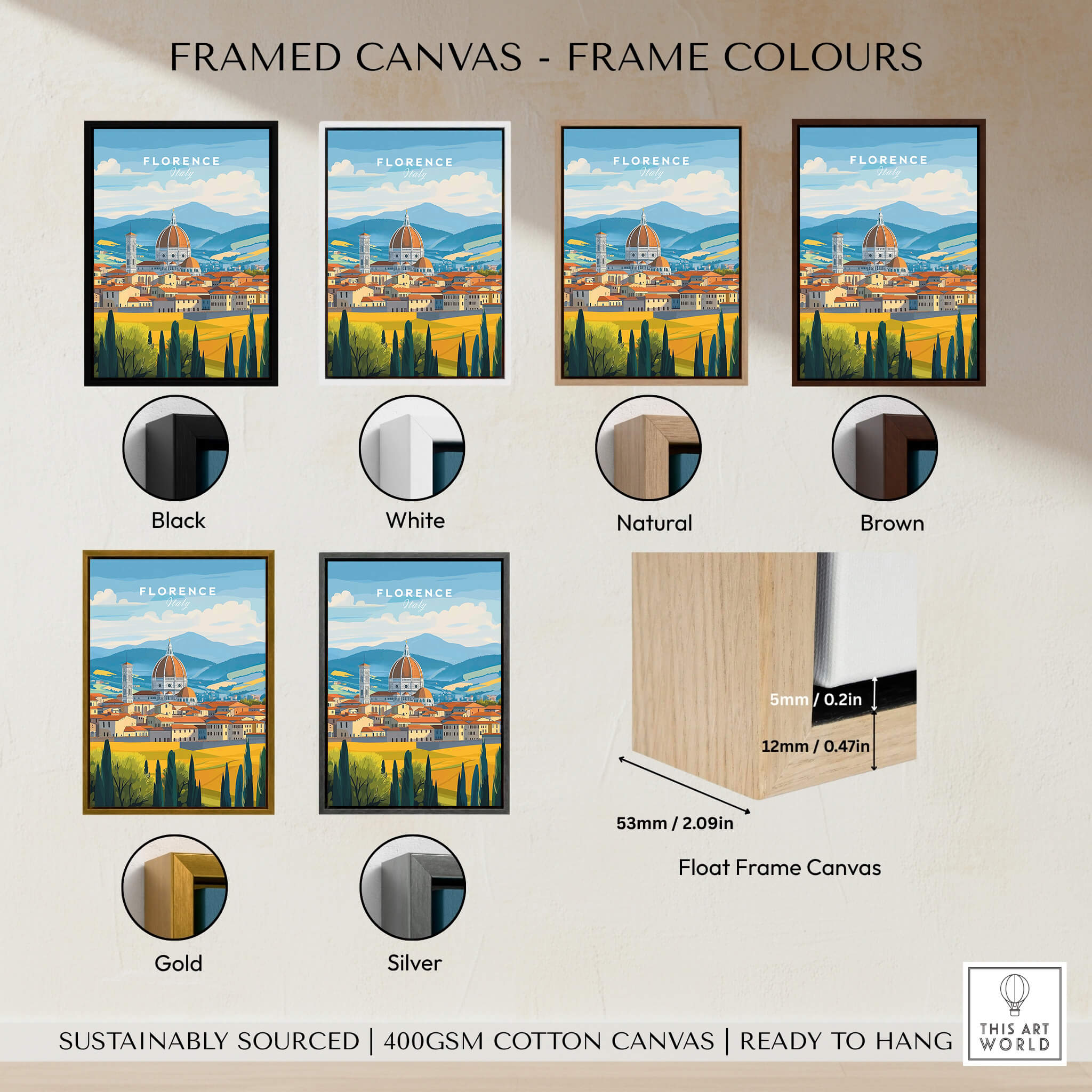 Framed canvas options for Florence Travel Print in various colors including black, white, natural, brown, gold, and silver.