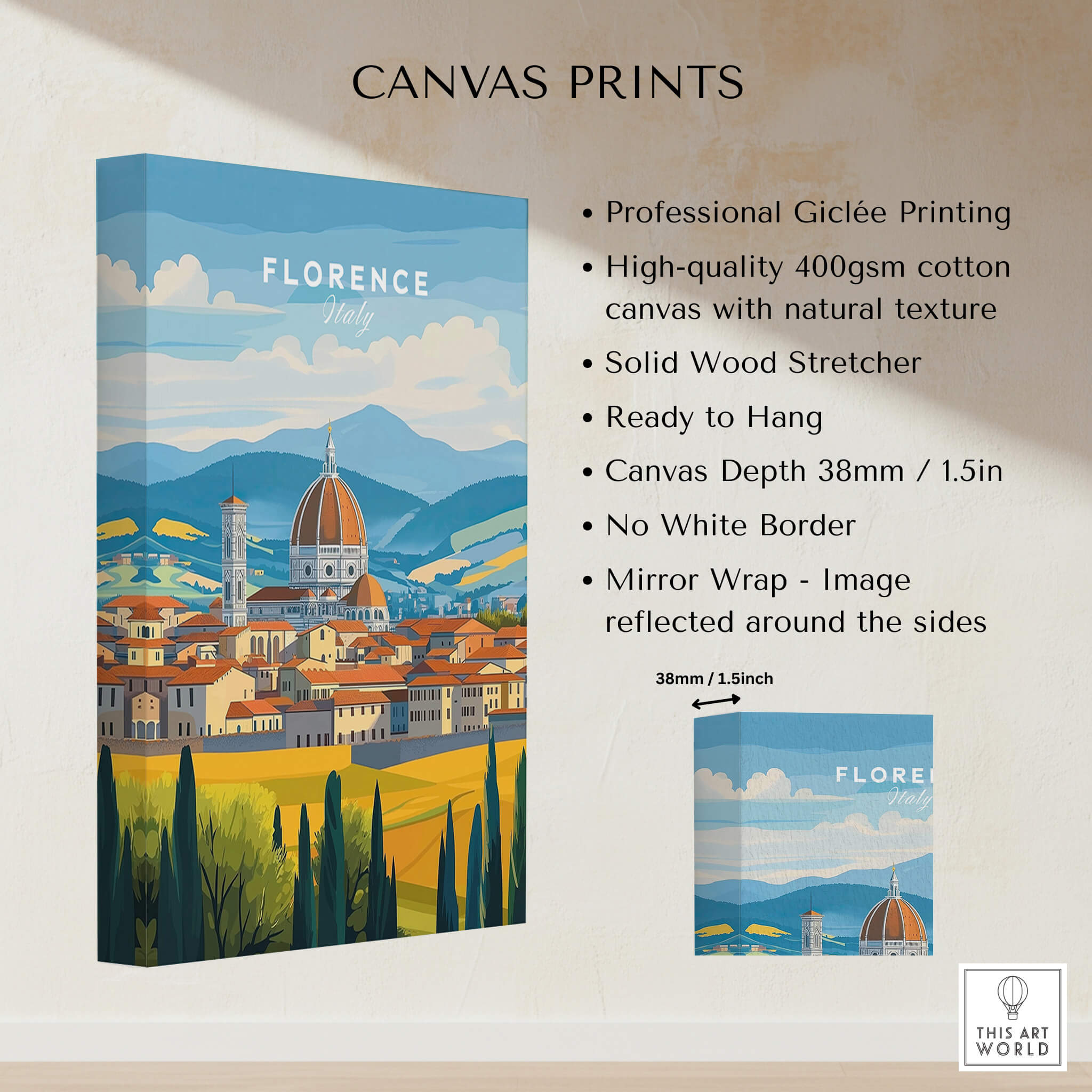 Florence Travel Print showcasing iconic landmarks in vibrant colors, perfect for travel enthusiasts.