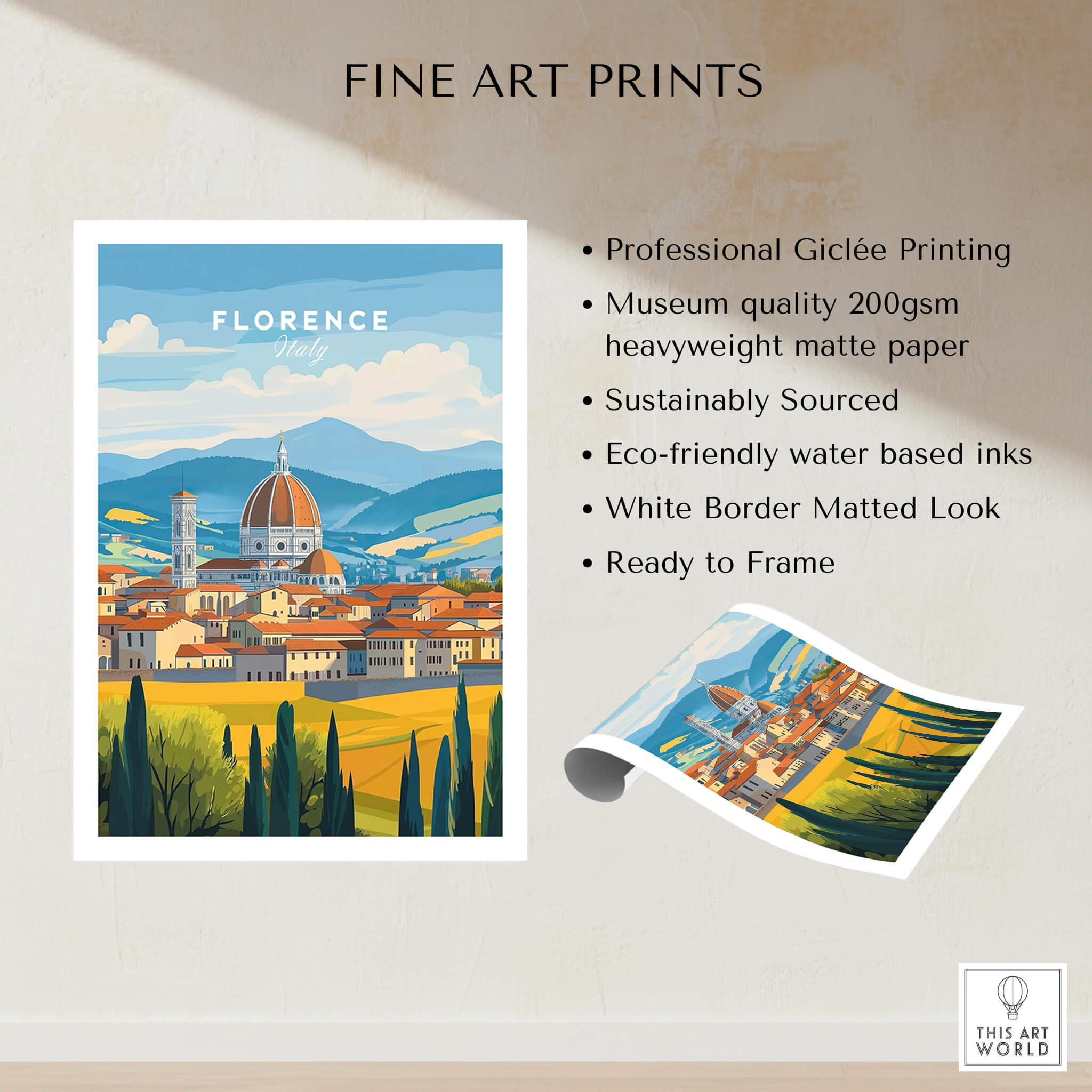 Florence Travel Print showcasing iconic landmarks with vibrant colors, perfect for travel enthusiasts.