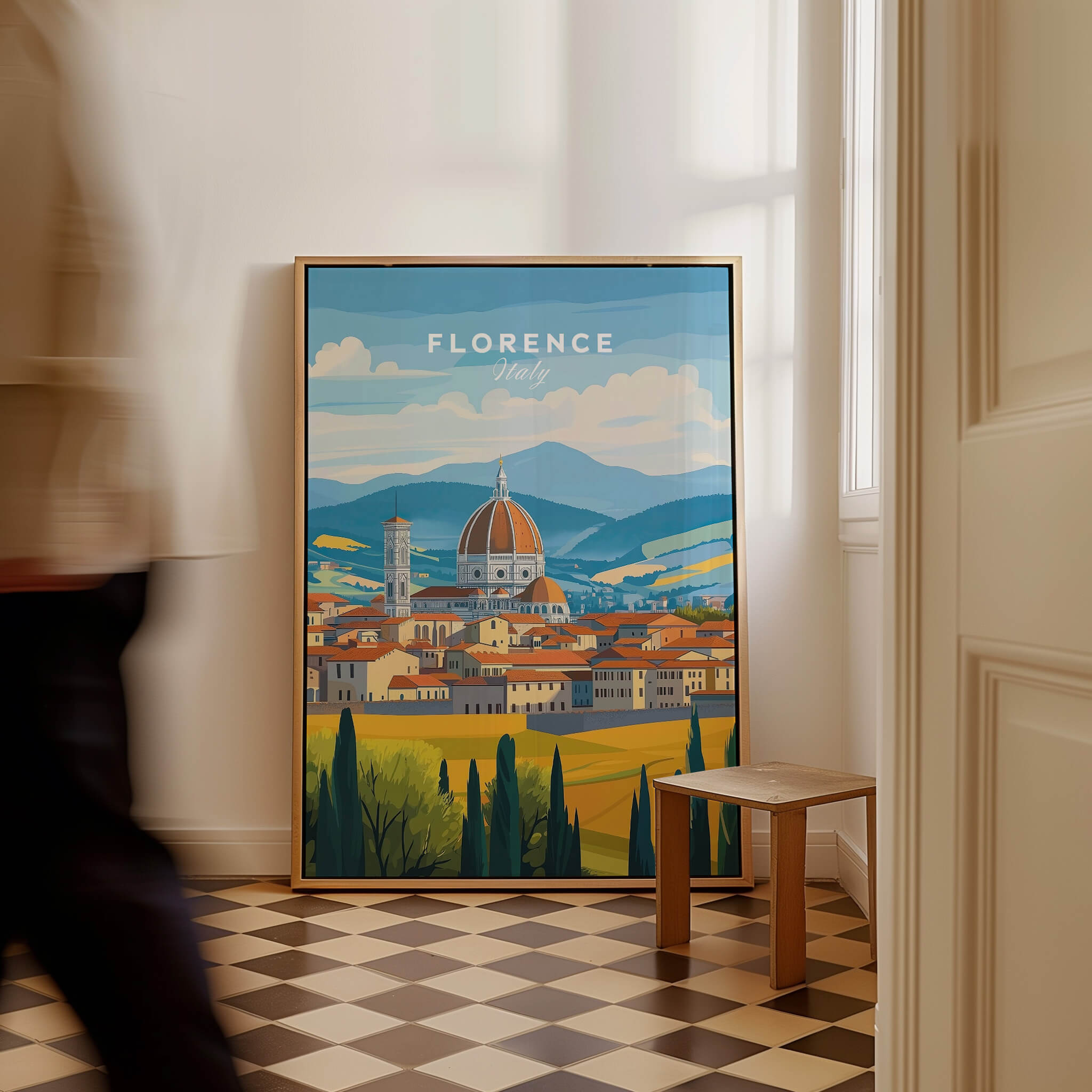 Florence Travel Print showcasing iconic landmarks in vibrant colors framed on a wall.