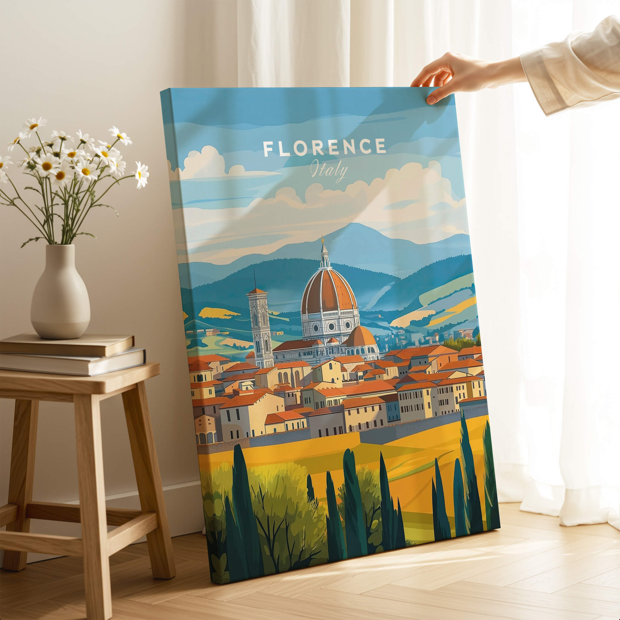 Florence Travel Print showcasing the iconic skyline and vibrant colors of Florence, Italy, perfect for home decor.