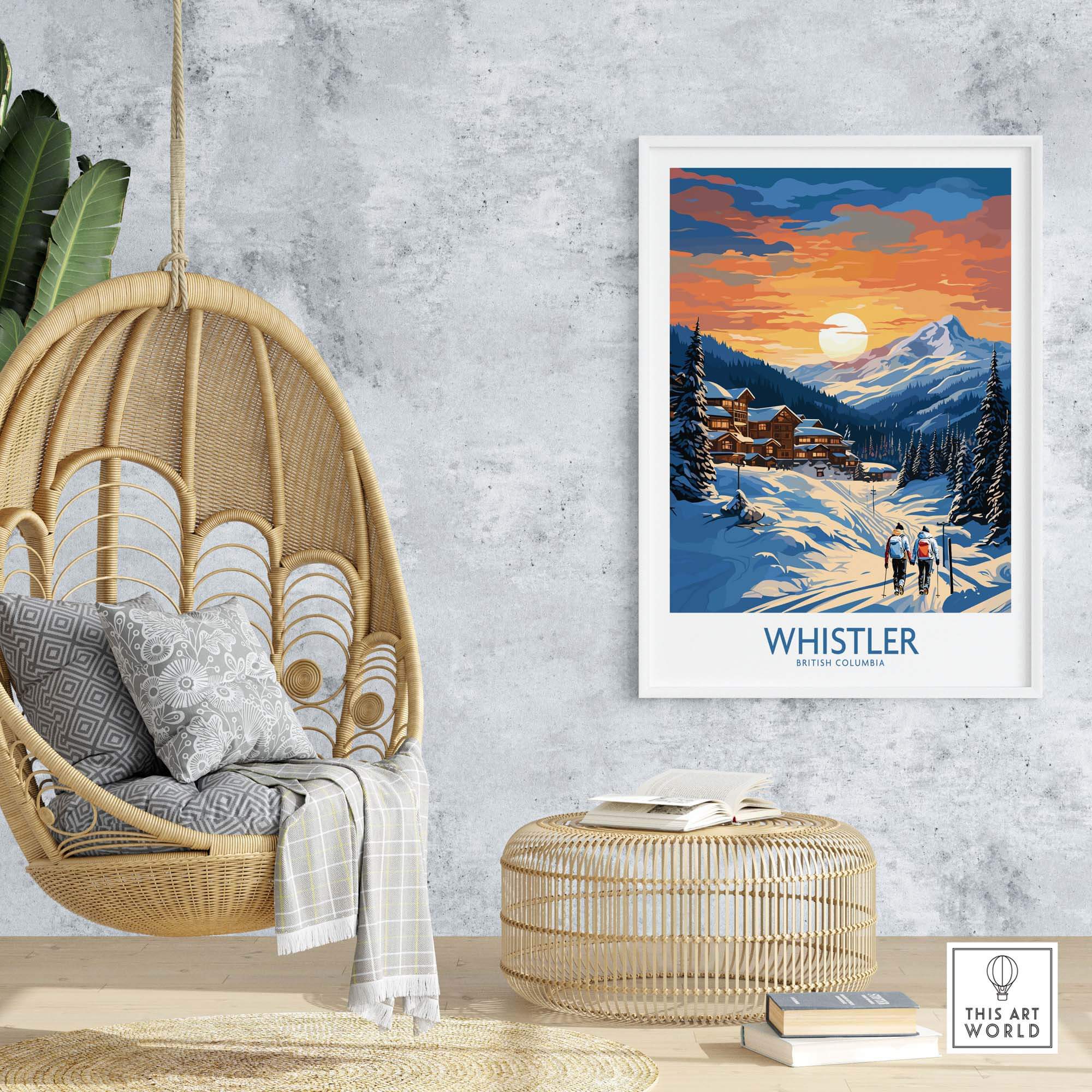 Whistler Print poster depicting a ski resort scene with people on slopes, perfect for home decor and gifts.