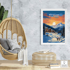 Whistler Ski Resort sunset poster displayed in cozy living room setting, perfect for ski enthusiasts and decor lovers.