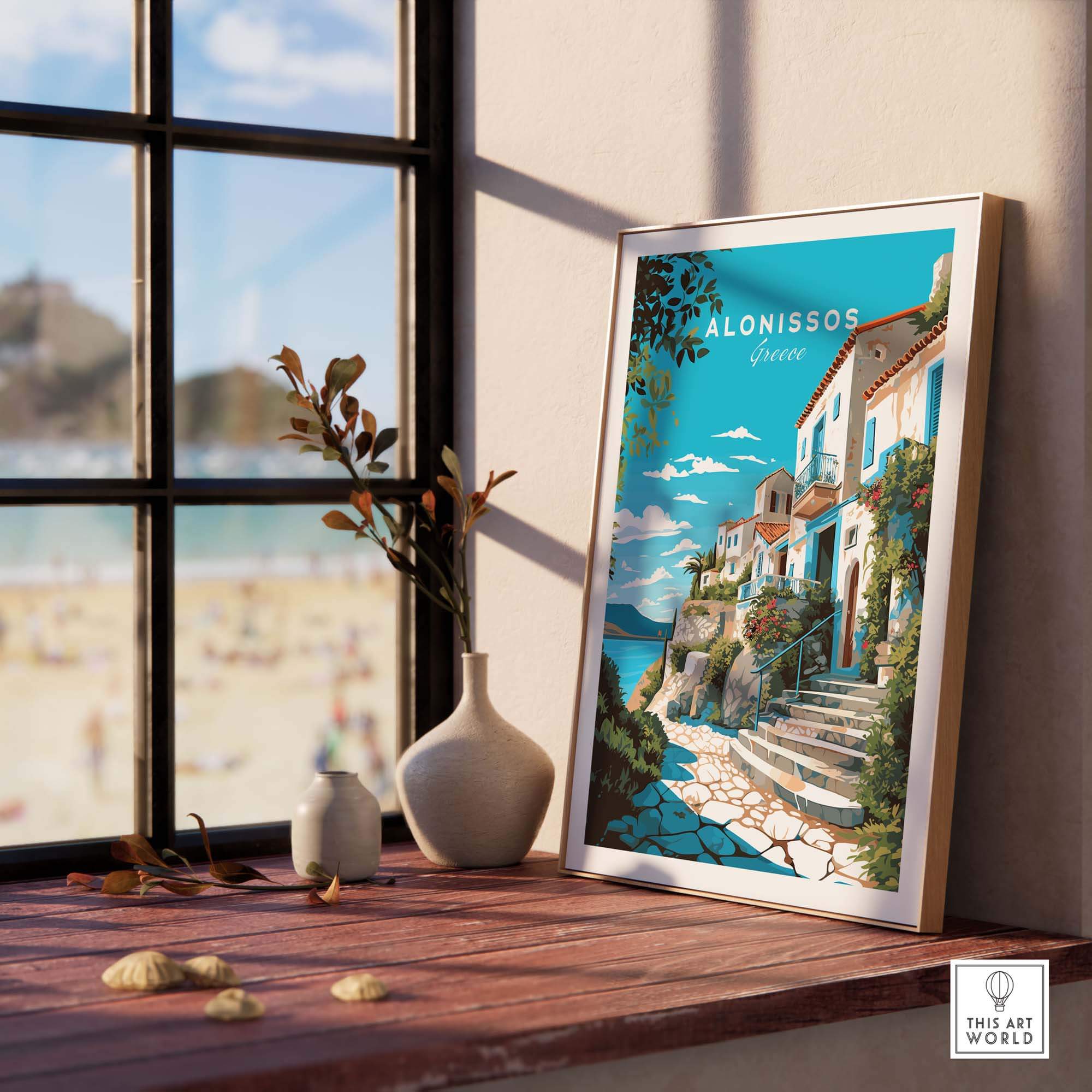Alonissos Greece Travel Poster Print showcasing vibrant coastal landscapes and serene Aegean scenery, ideal for home decor.