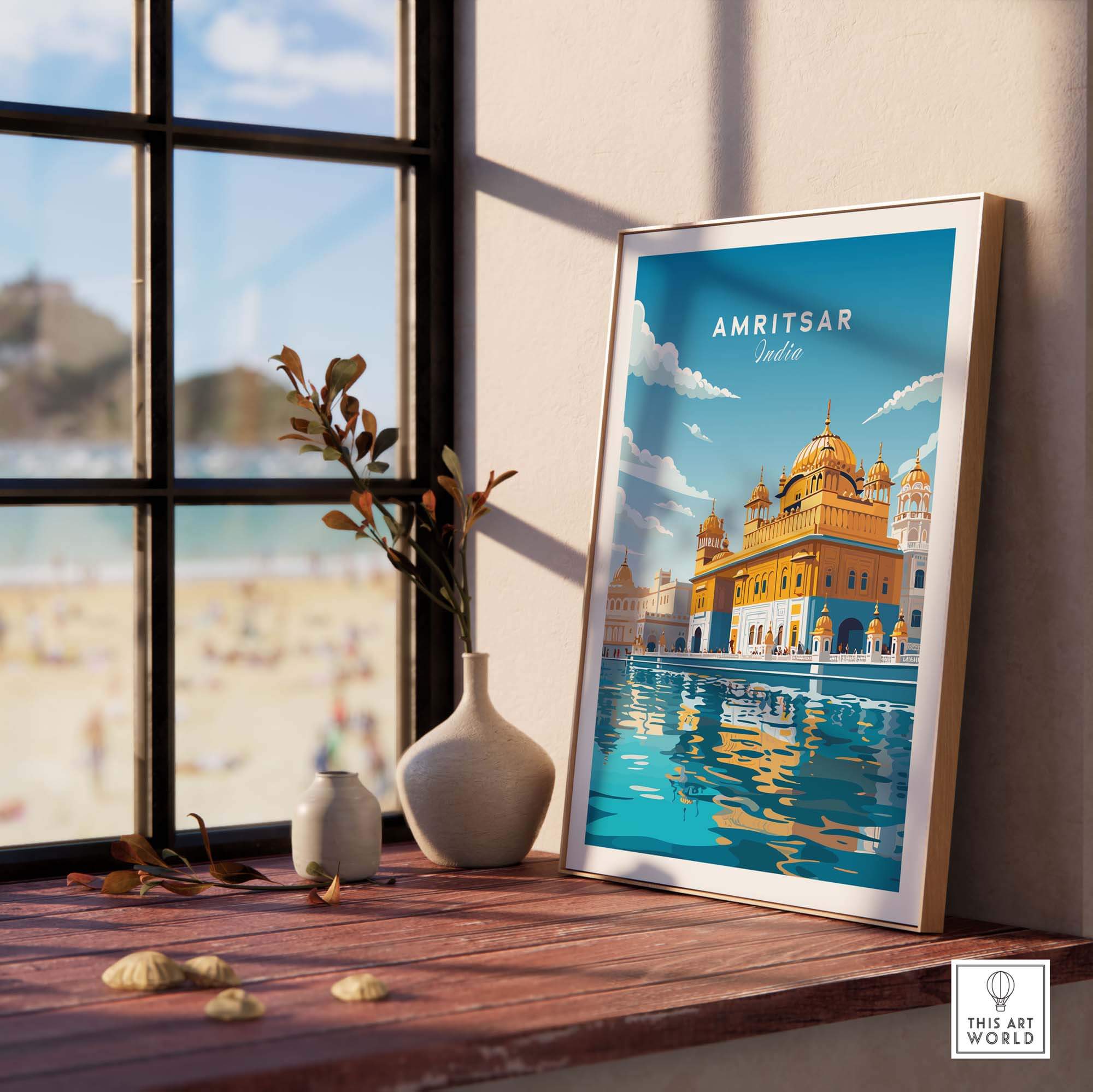 Amritsar India travel poster print showcasing the Golden Temple, perfect for home decor and gifts.