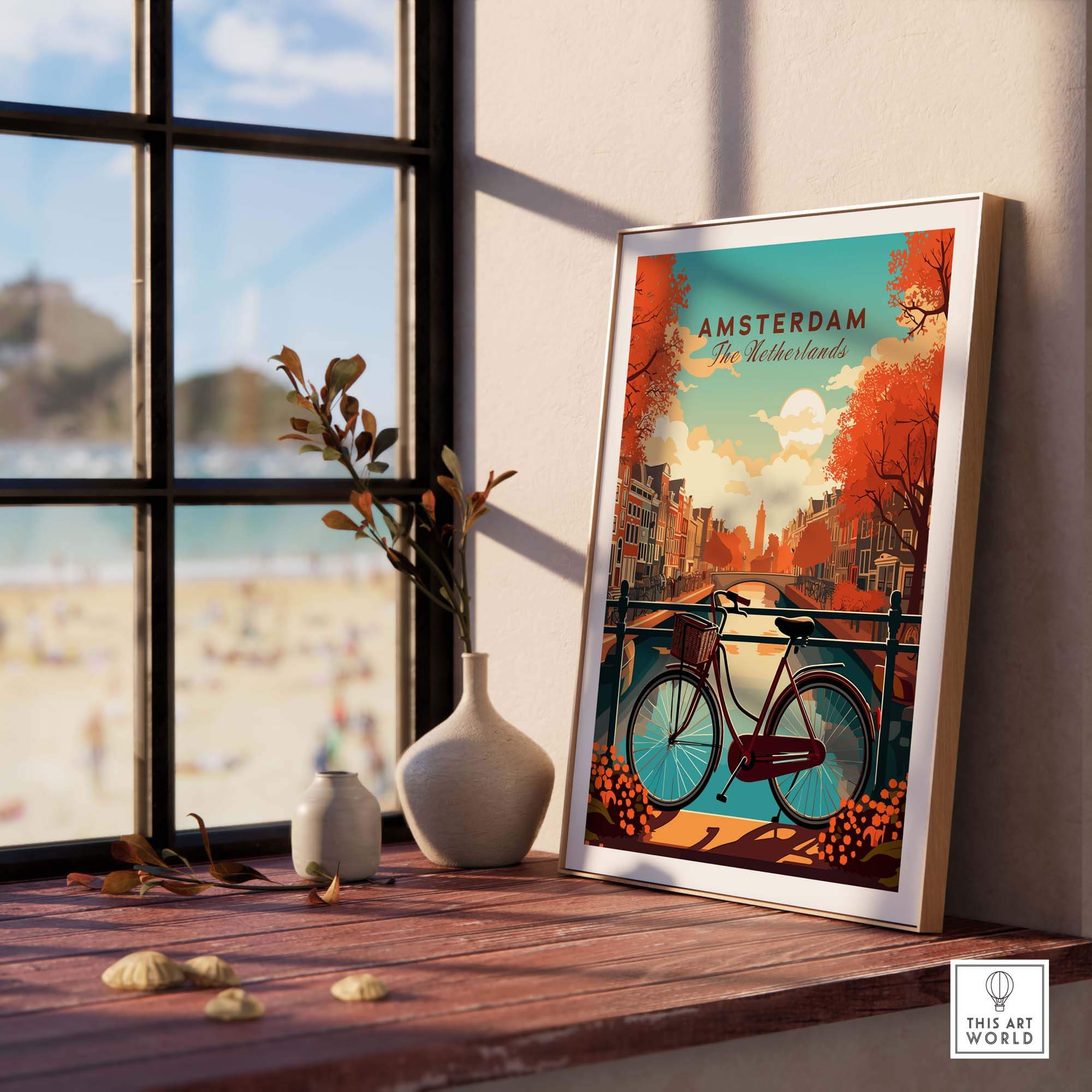 Vibrant Amsterdam print featuring iconic canals and bikes, perfect for home decor.