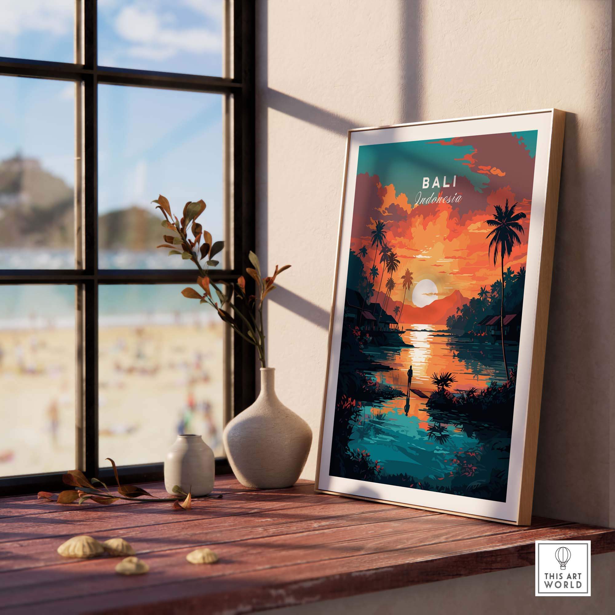 Bali wall art print featuring a tropical sunset scene, displayed in a cozy interior setting with window view.