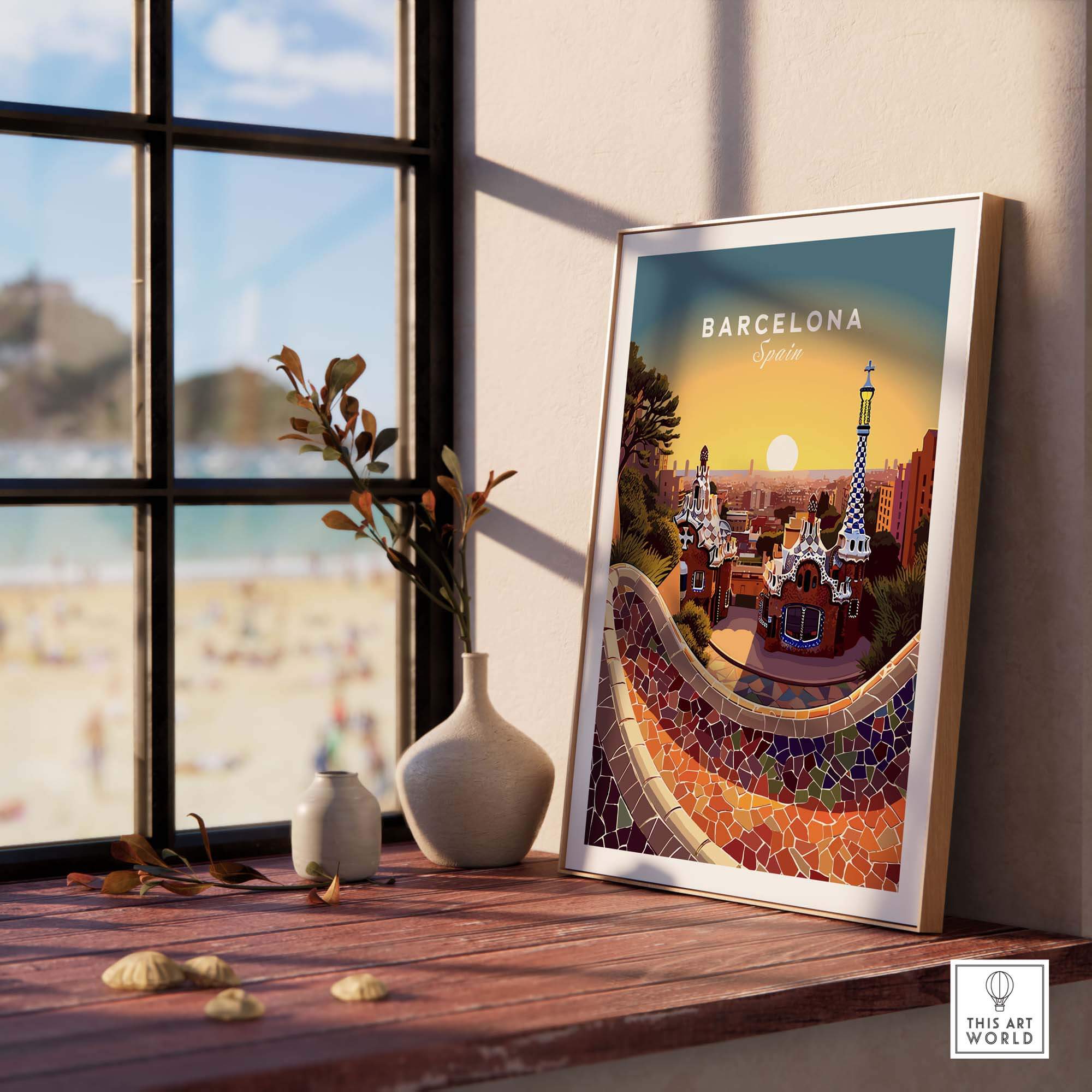 Barcelona Travel Poster Print showcasing vibrant Catalan architecture and sunset on a cozy windowsill.
