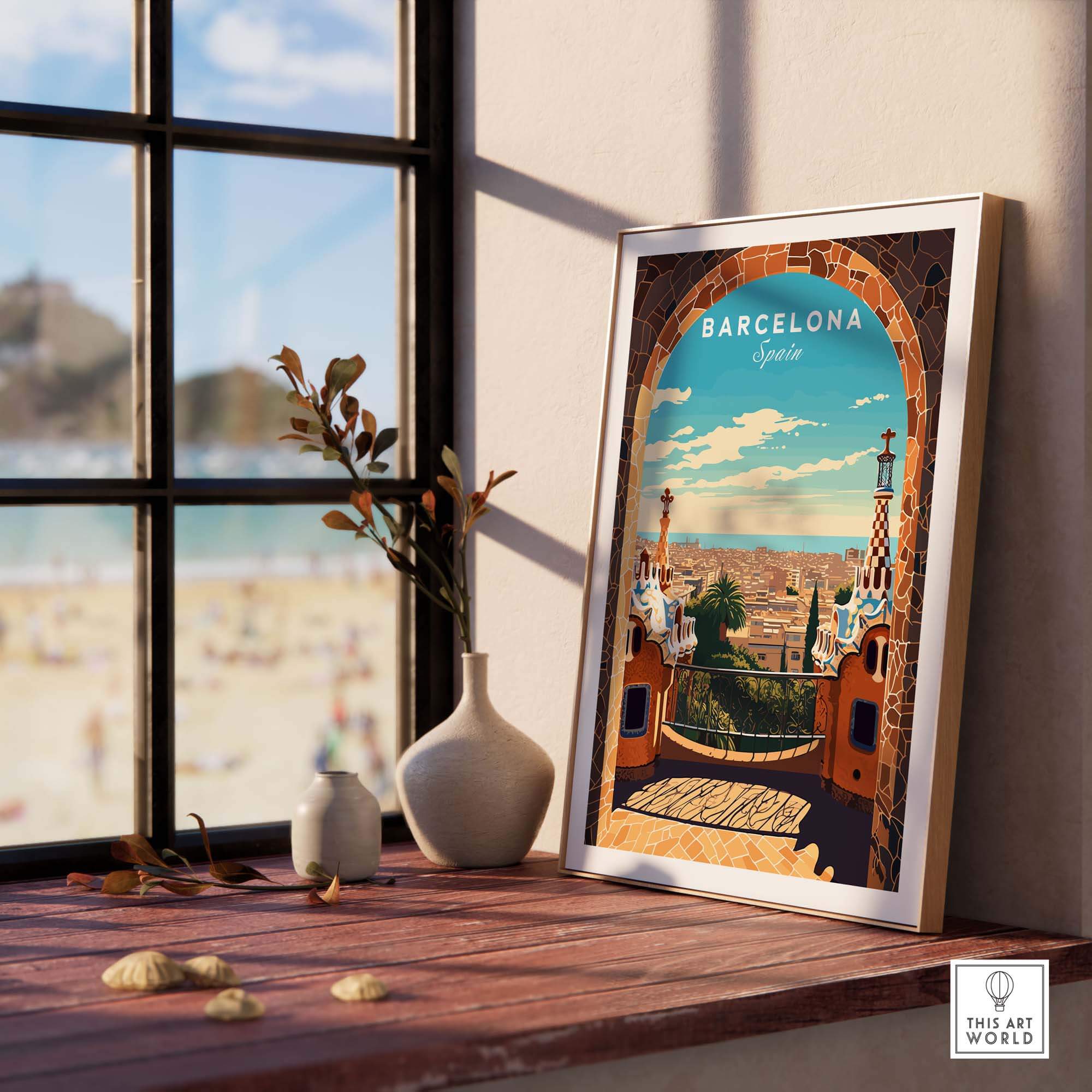 Barcelona Park Güell poster print displayed on a table, showcasing vibrant colors and intricate details by Antonio Gaudí.