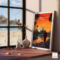 Framed Angkor Wat wall art depicting a serene sunset view, perfect for home décor and celebrating Cambodian travels.
