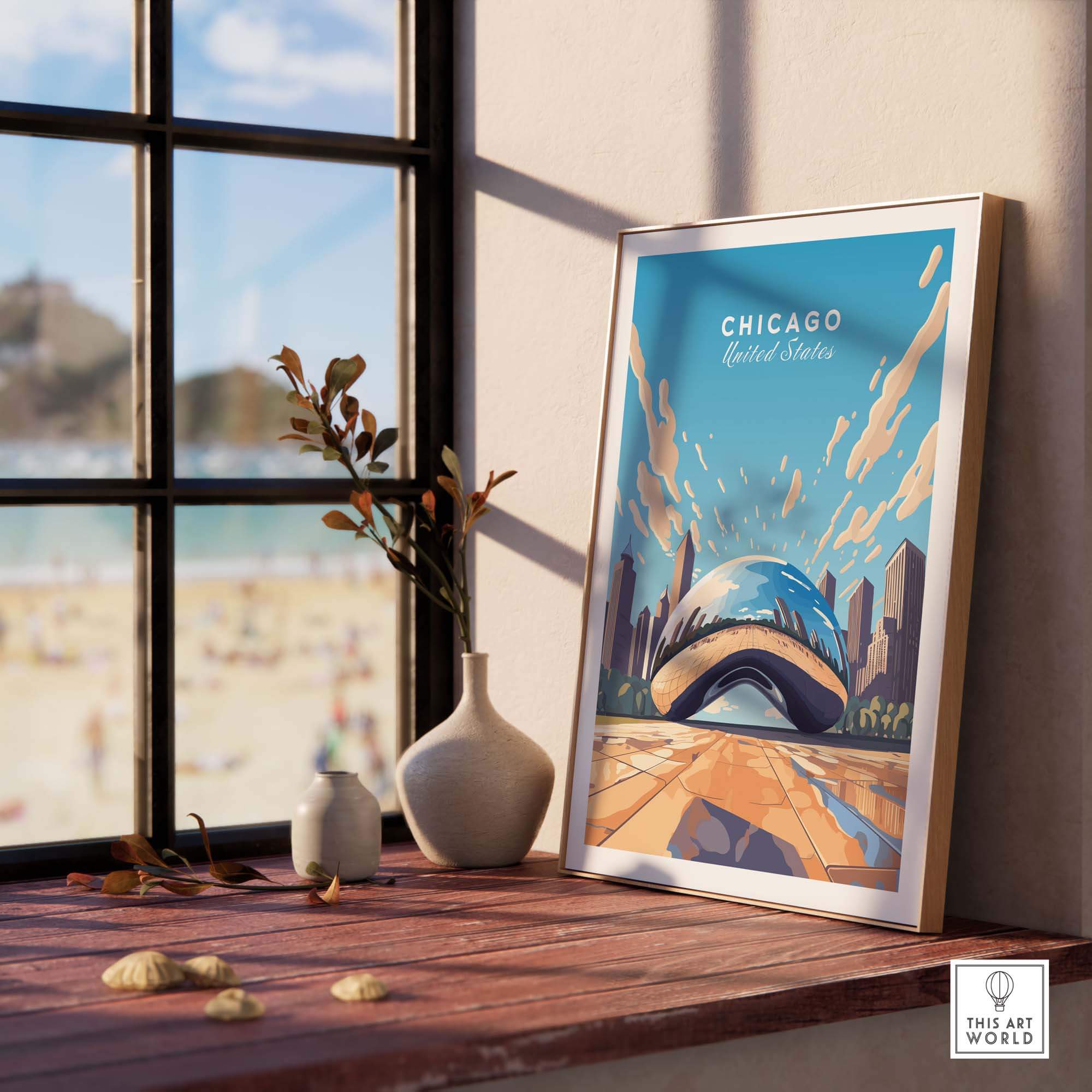 Vibrant Chicago print featuring The Cloud Gate, also known as ‘The Bean’, displayed in a stylish interior setting.