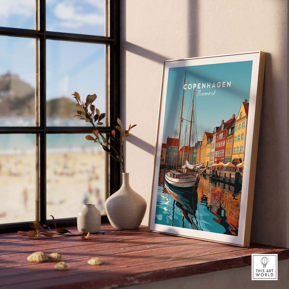 Copenhagen travel poster print displayed by a window, featuring colorful buildings and a boat on the water, adding vibrant decor.