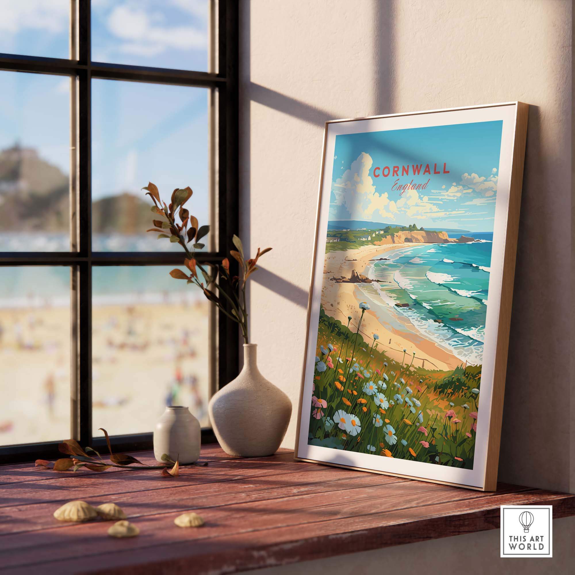 Stunning Cornwall art print in a stylish frame, showcasing a colorful beach scene near the ocean.