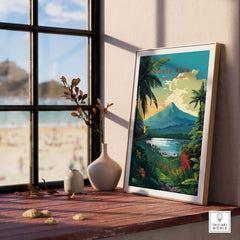 Costa Rica print showcasing Arenal Volcano and tropical landscapes, enhancing home decor with vibrant colors and island vibes.