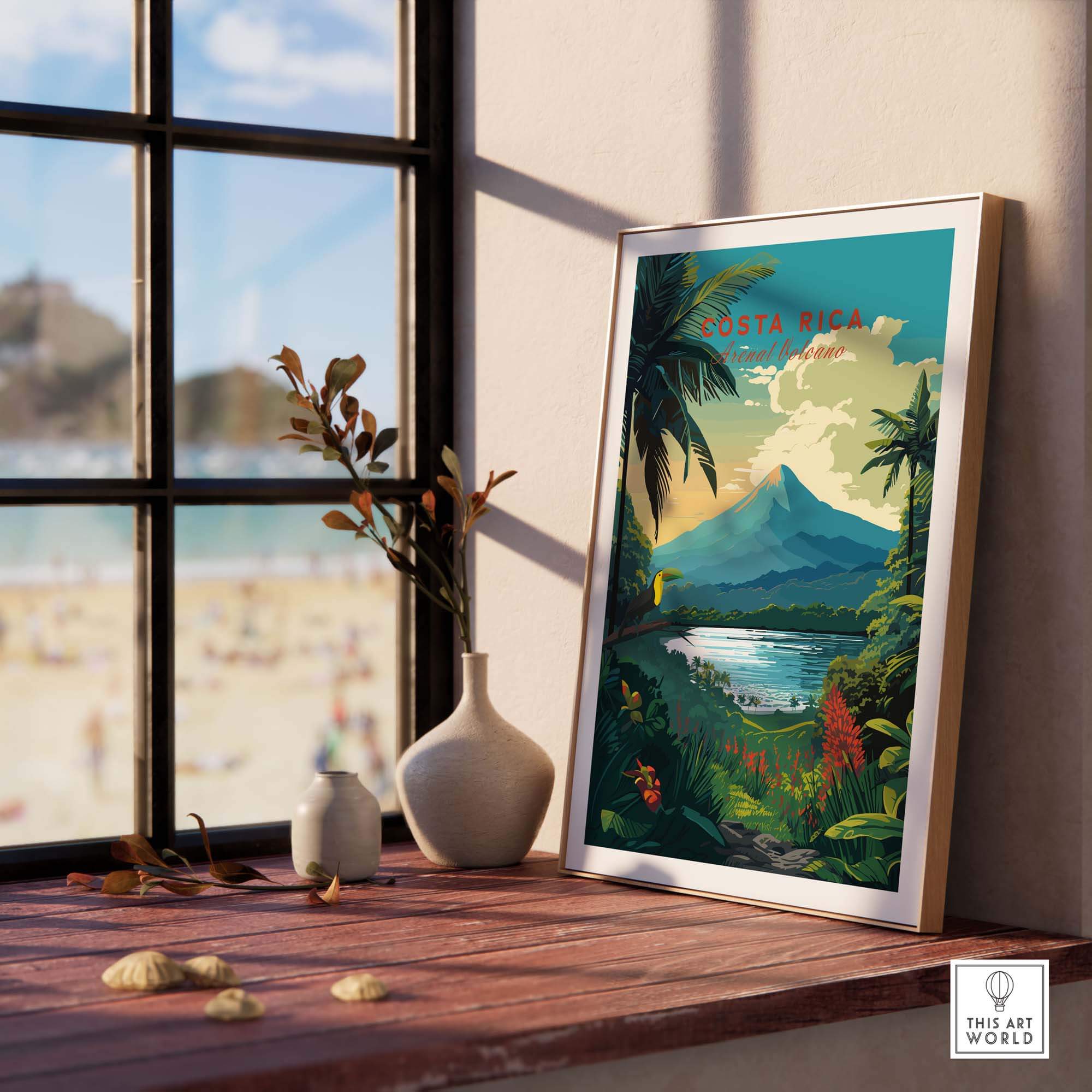 Costa Rica print showcasing Arenal Volcano and tropical landscapes, enhancing home decor with vibrant colors and island vibes.