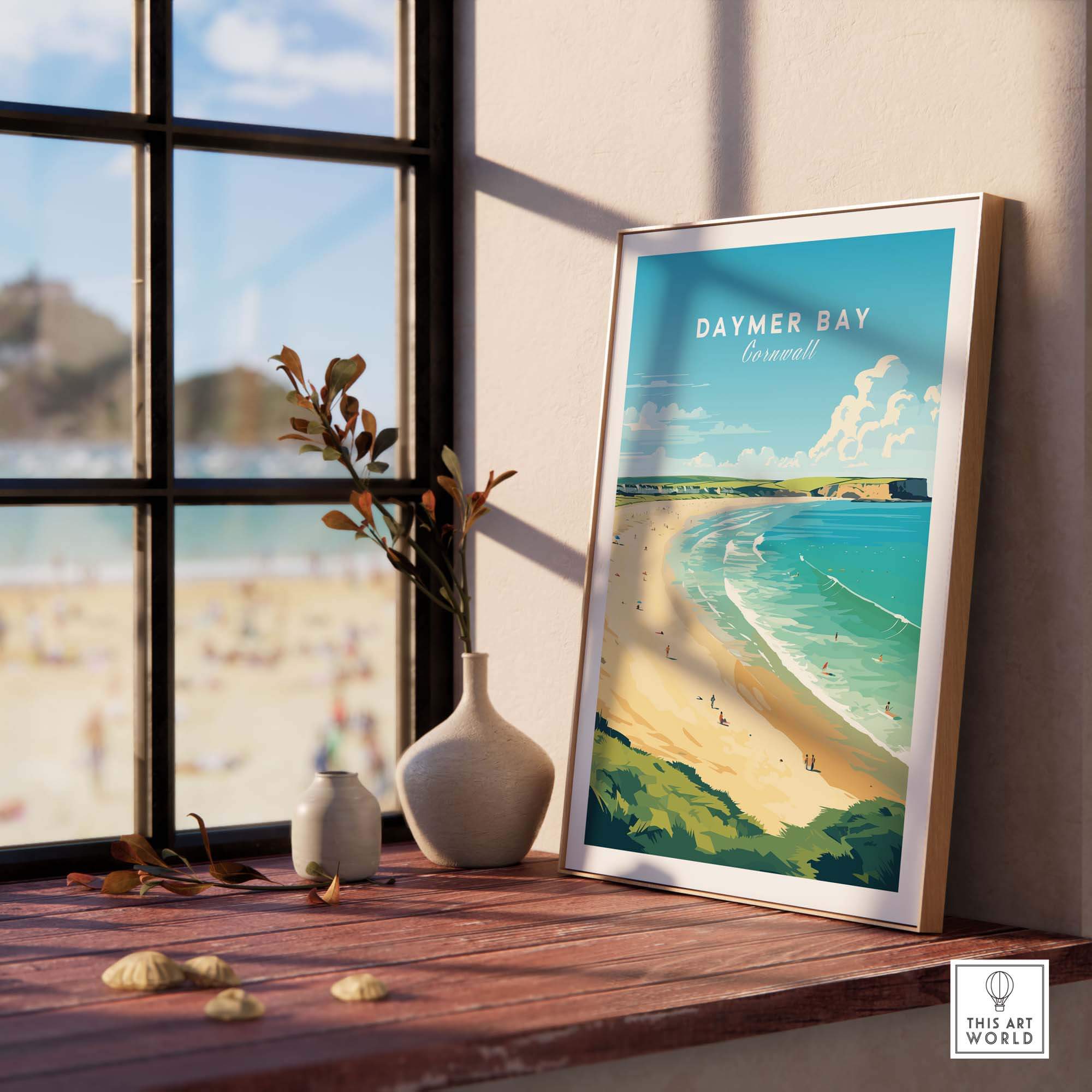 Daymer Bay Cornwall Print displayed by a window, showcasing serene coastal landscape art for home decor.