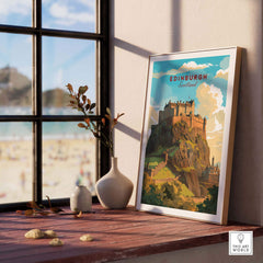 Edinburgh Poster Print showcasing Edinburgh Castle wall art near a window with a beach view.